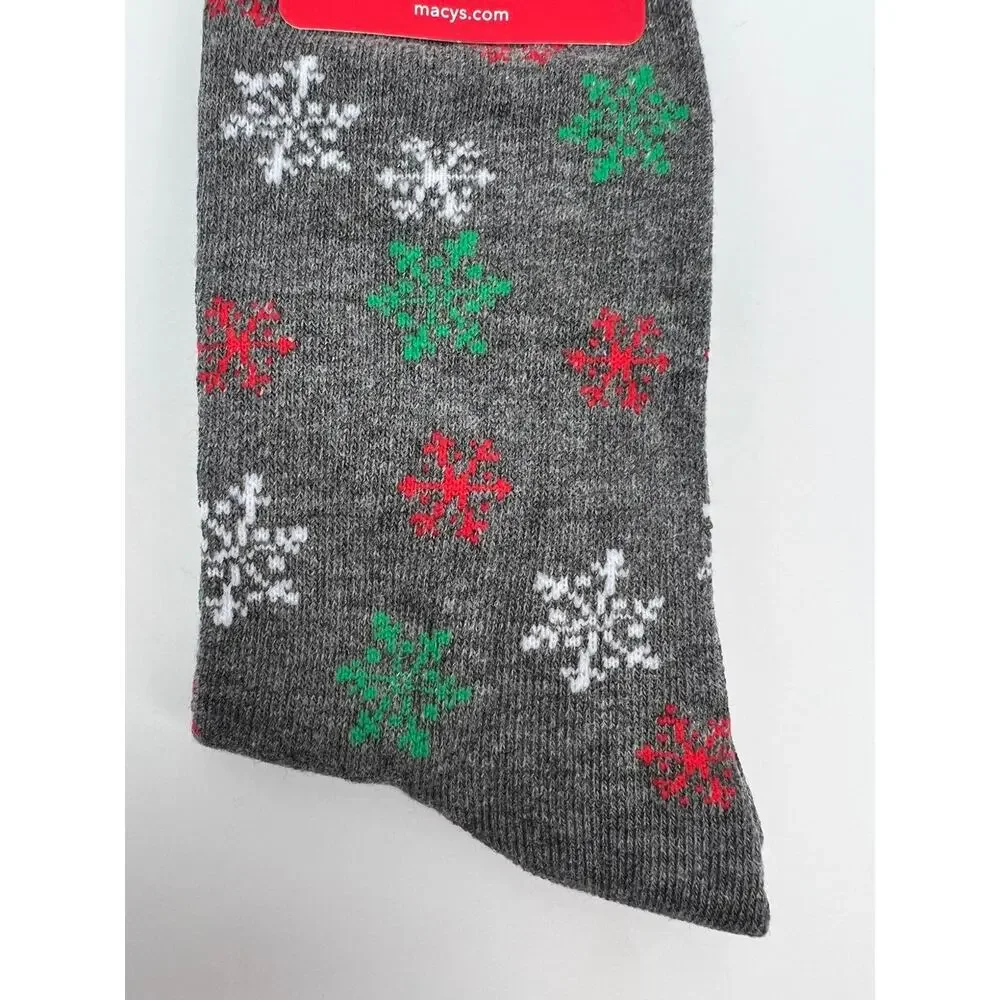 Charter Club Women's Holiday Crew Socks - Santa and Snowflakes on Grey Socks